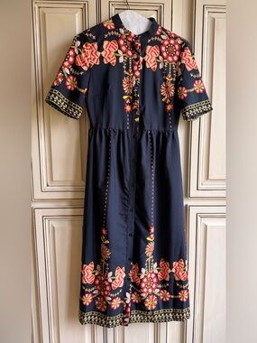 SHEIN Navy Dress with Red & Yellow Floral Embroidery